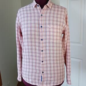 Linen Club Pure Linen Peach Checks Button Up 40cm Contemporary Fit Full Sleeve